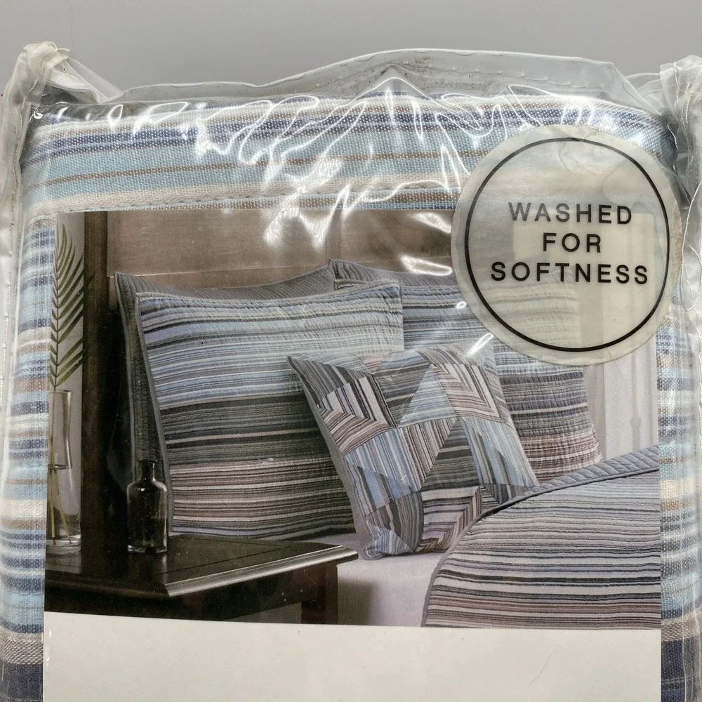 Jacob Stripe Standard Sham 20in x 26in Blue Teal Gray Brown Beige Cottage Cabin